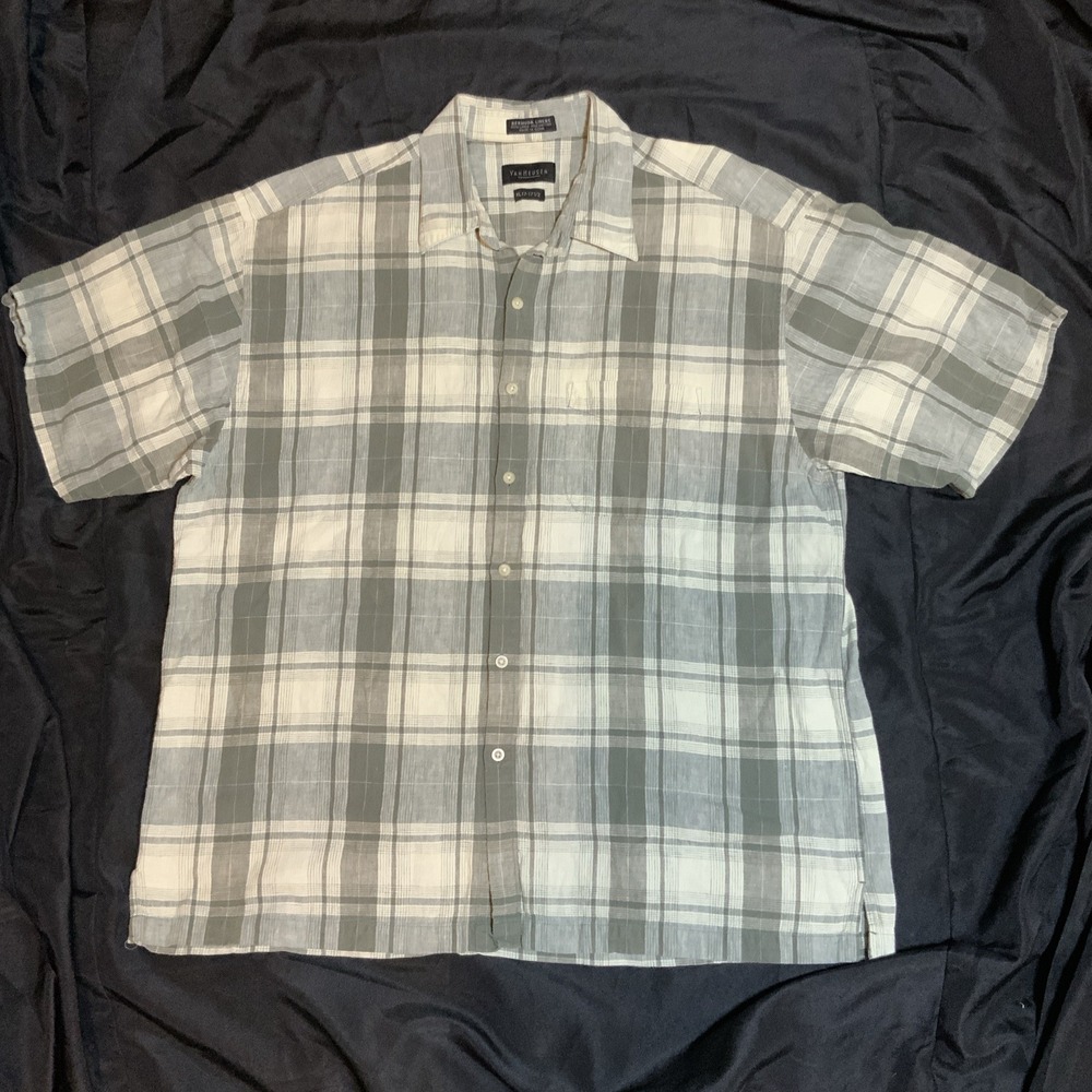 Van Heusen Mens XL Bermuda Linens Grey White Plaid Short Sleeve Button Down